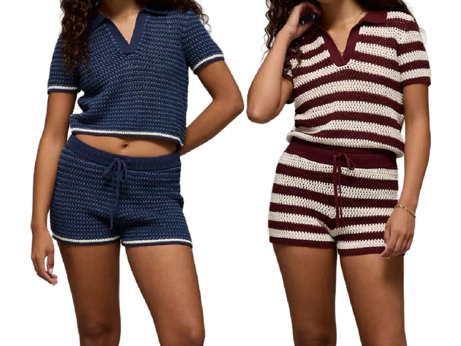 Two women wearing crochet style clothing from American Eagle.