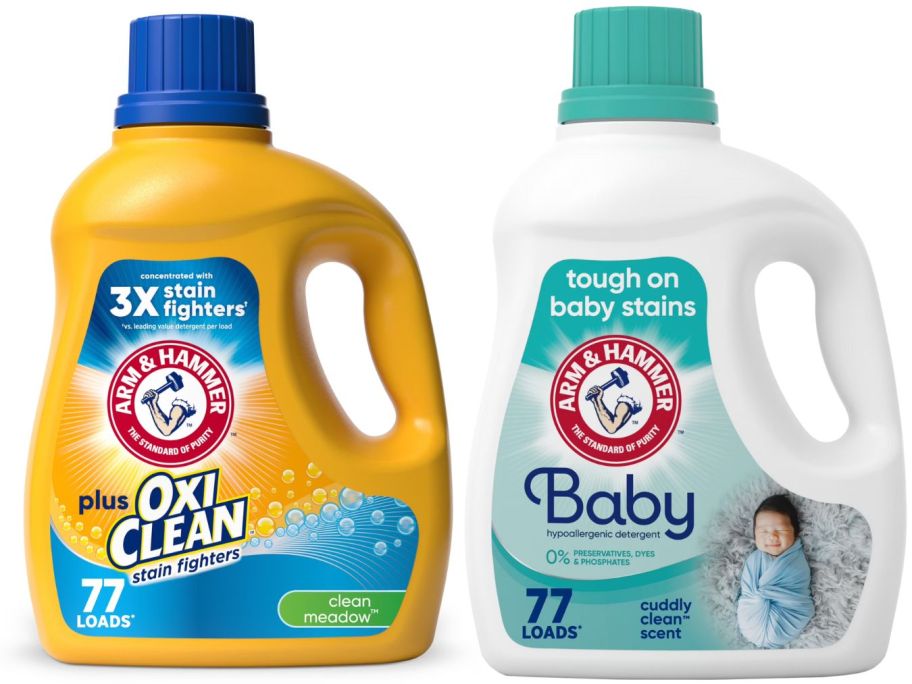 two arm & hammer laundry detergent bottles