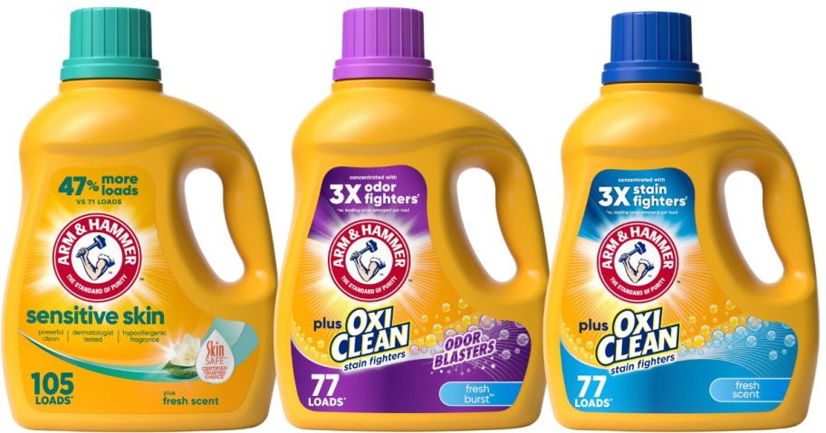 three arm & hammer laundry detergent bottles