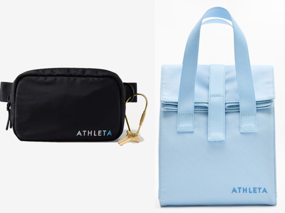 black belt bag and blue lunchbox