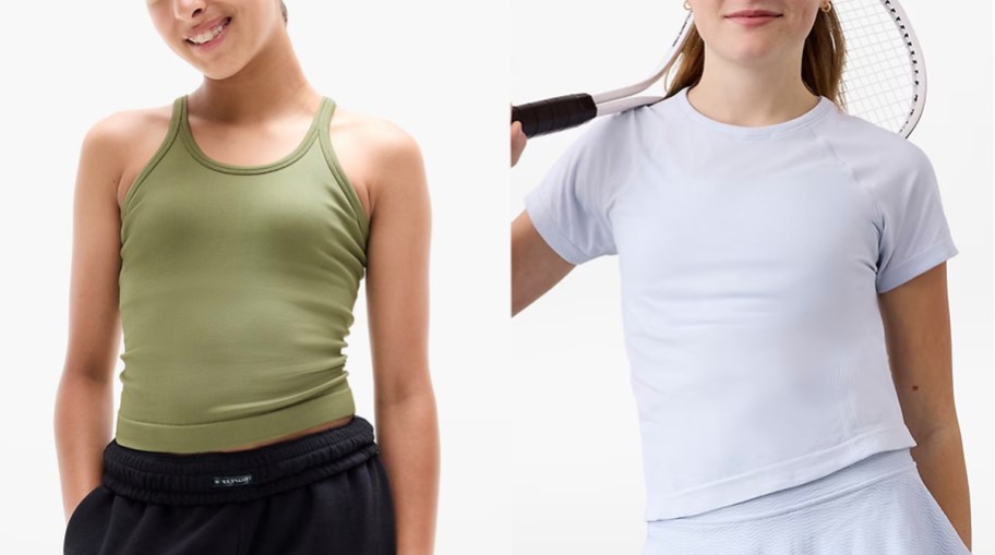 two girls wearing green and white tees