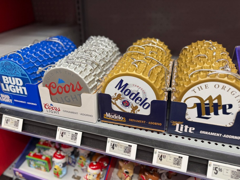 4 beer cap ornaments on shelf 