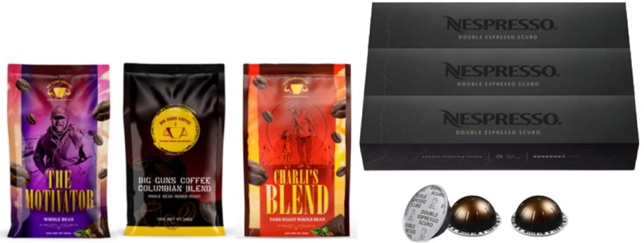 Three colorful coffee bean bags on the left, featuring vibrant designs and labels: "The Motivator," "Big Guns Coffee," and "Charlie's Blend." On the right, three sleek black Nespresso boxes labeled "Double Espresso Scuro" with two silver Nespresso coffee pods below.