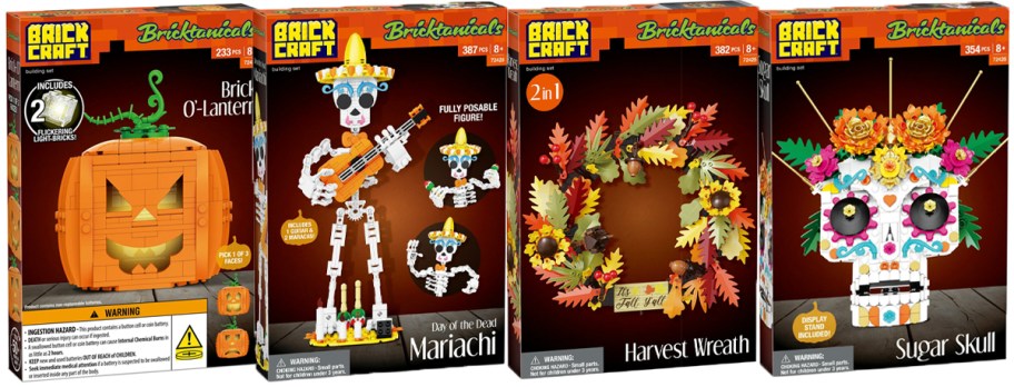 pumpkin, skeleton, and wreath halloween brickcraft set boxes 