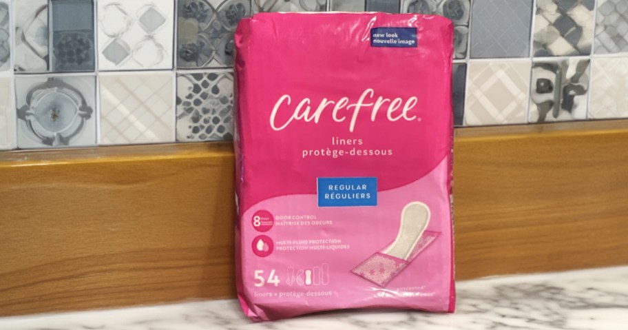 carefree panty liners on bathroom counter