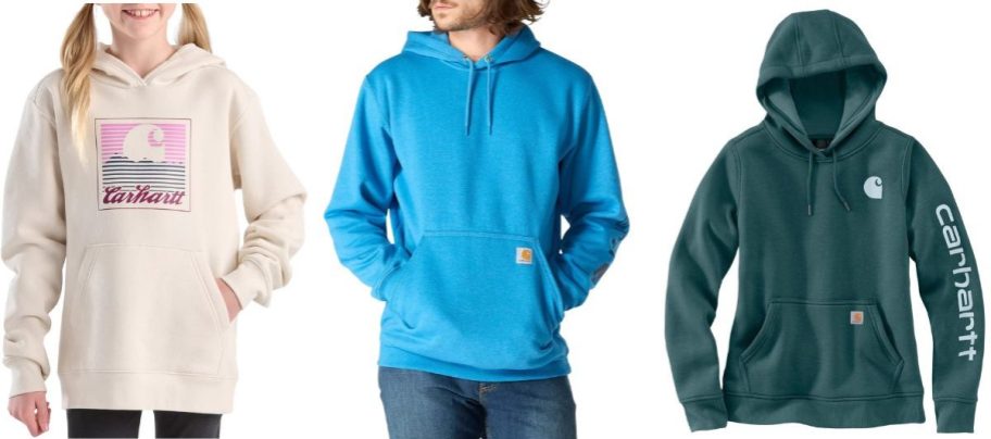 a kid and a man wearing carhartt hoodies next to a woman's carhartt hoodie