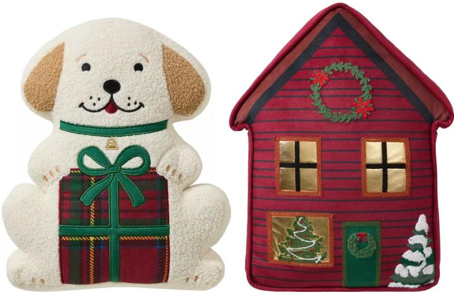 A dog and a dog house Christmas pillows.