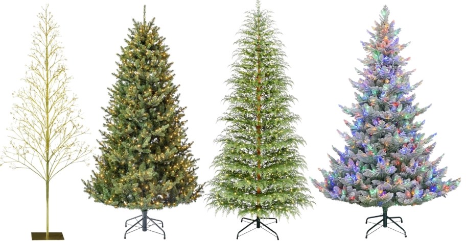 five artificial christmas trees in various heights, and tree varieties