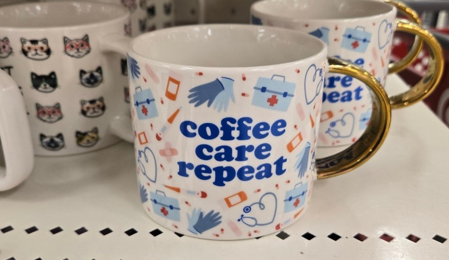 a coffee mug on a store shelf