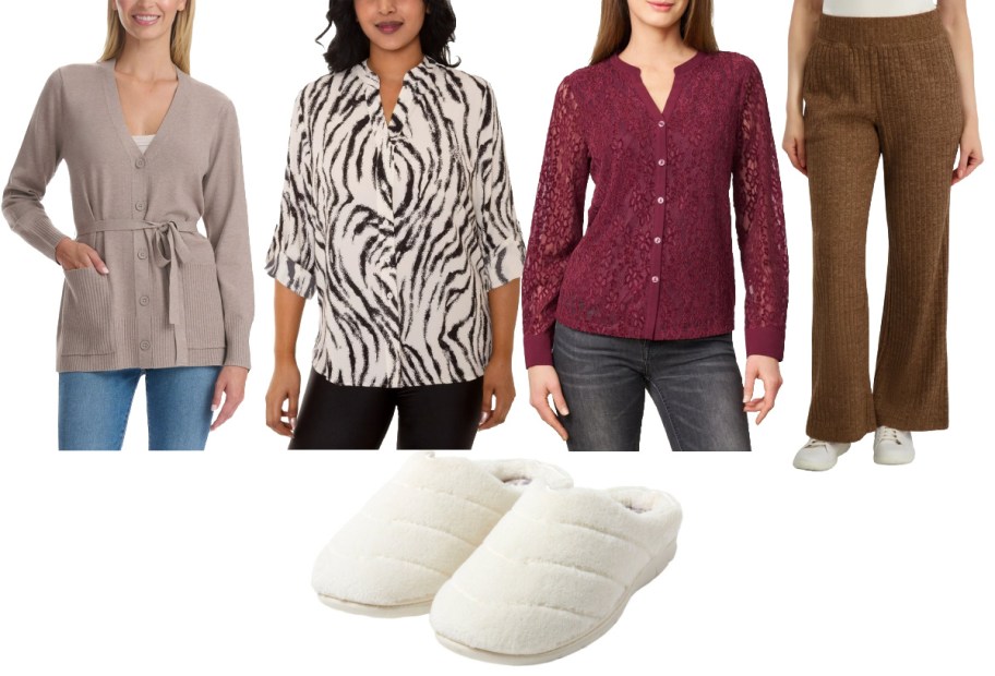 Four women display diverse outfits: a beige cardigan with jeans, a zebra-striped top, a burgundy lace blouse, brown wide-leg pants, and white slippers.