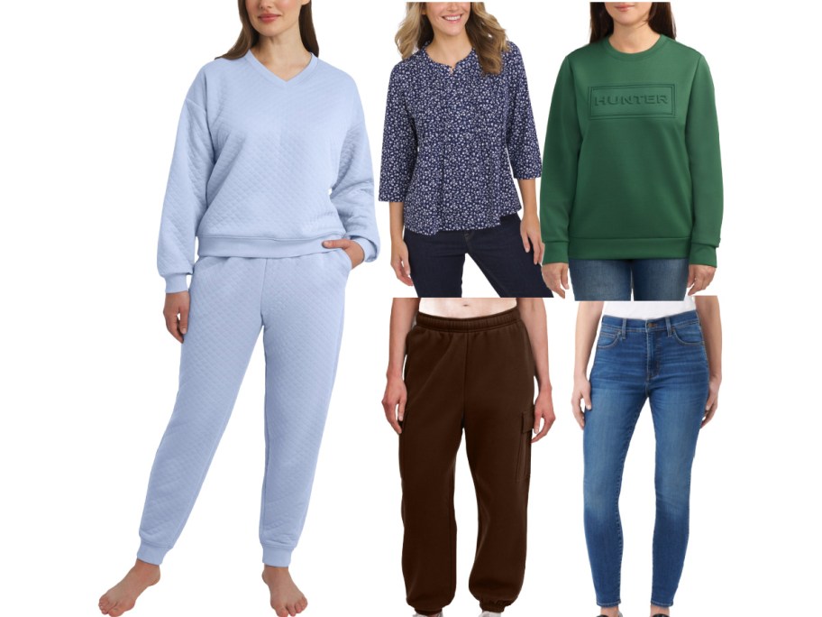 Five women showcase diverse clothing styles: a light blue sweatshirt set, dark floral blouse, green sweatshirt, brown joggers, and blue jeans.