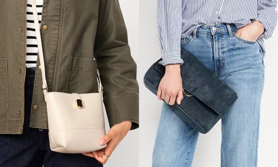 a woman with a crossbody bag and a woman with a clutch