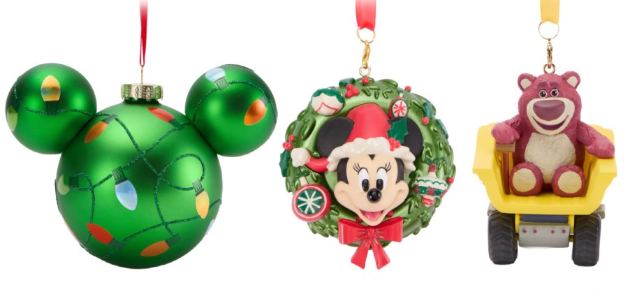 green mickey head ornament, wreath, and bear in truck