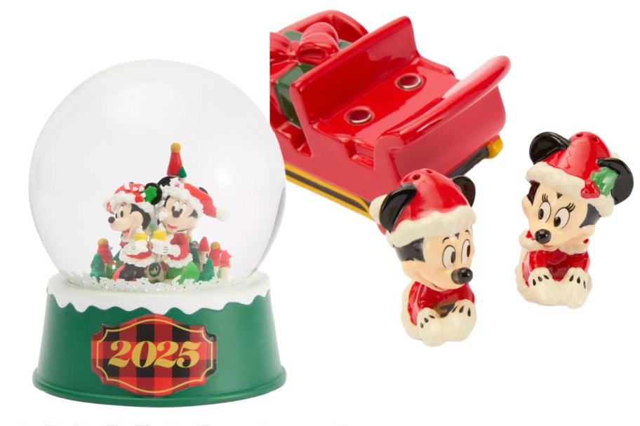 mickey mouse snowglobe and minnie and mickey salt and pepper shakers