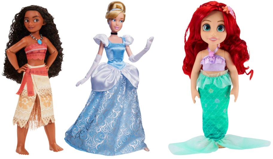 moana, cinderella, and ariel dolls