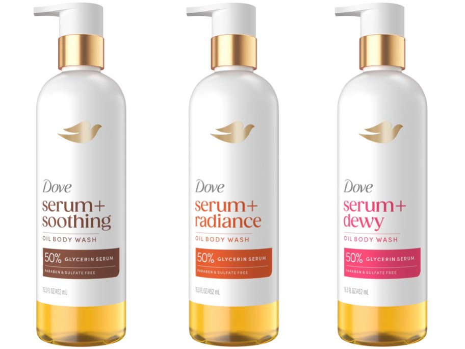 three bottles of dove serum body wash