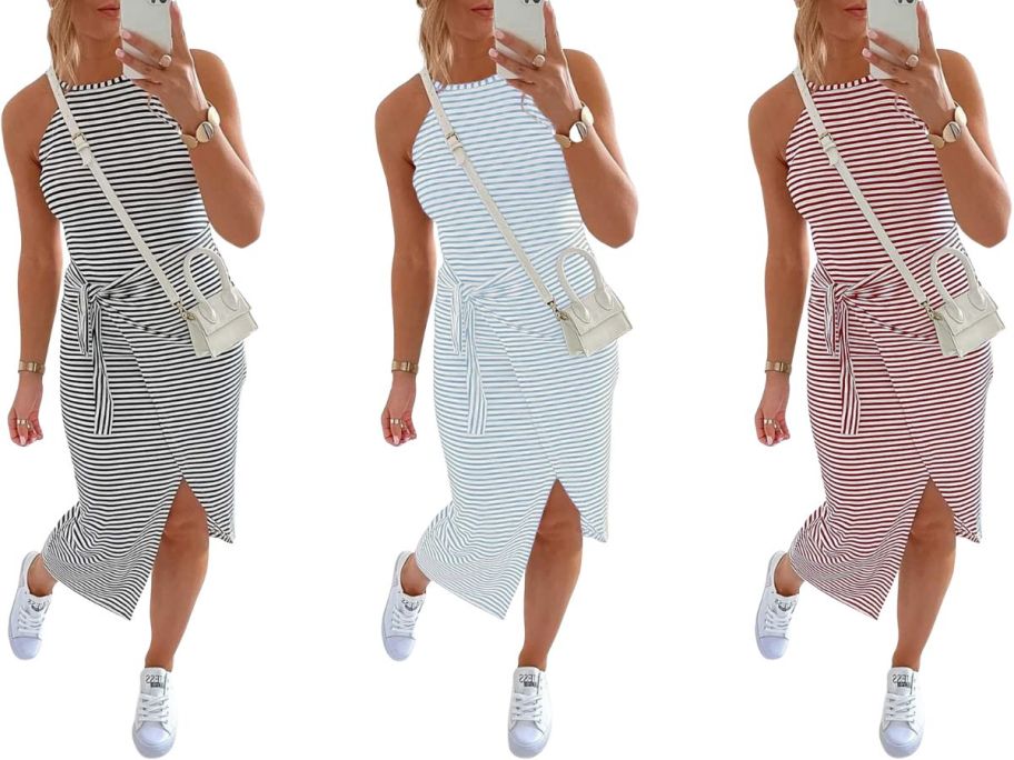 three women wearing striped dresses