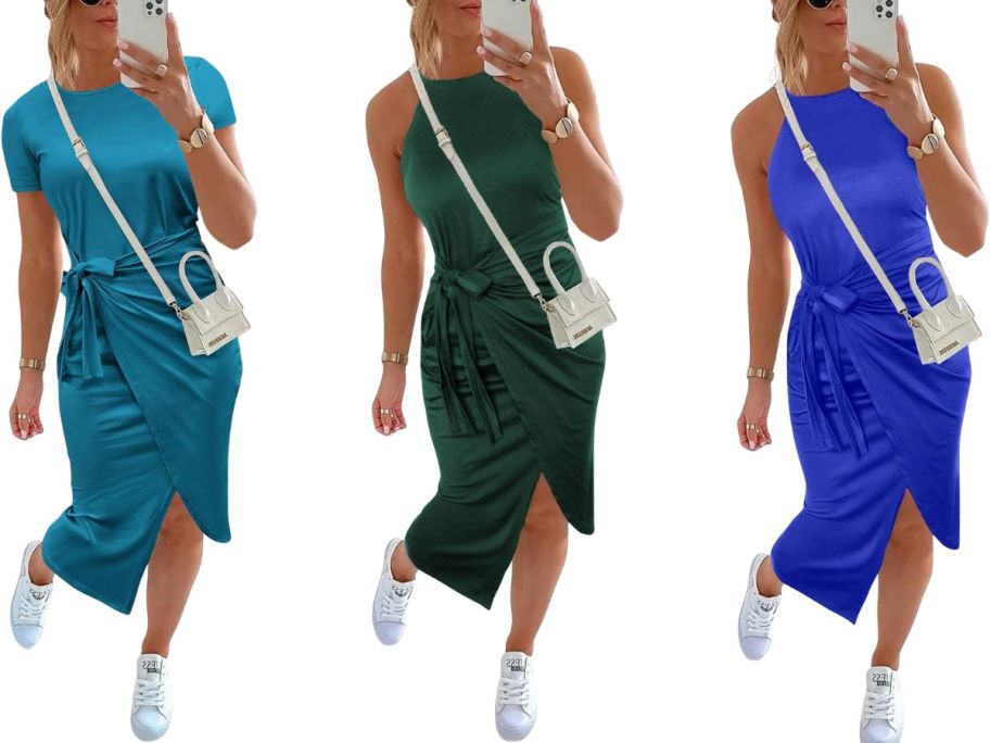 three women wearing dresses