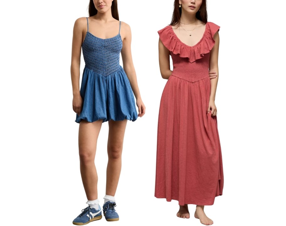 woman in a mini denim sundress and a woman in a ruffle neck maxi 