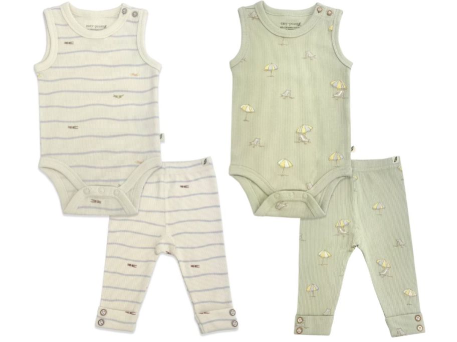 2 baby onesie and pants sets in light green and tan colors