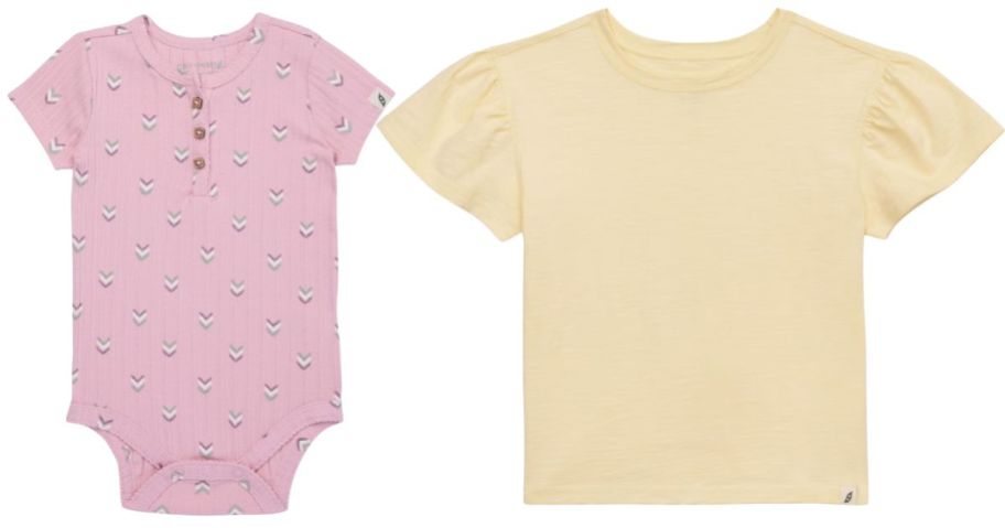 A pink onesie and a yellow t-shirt