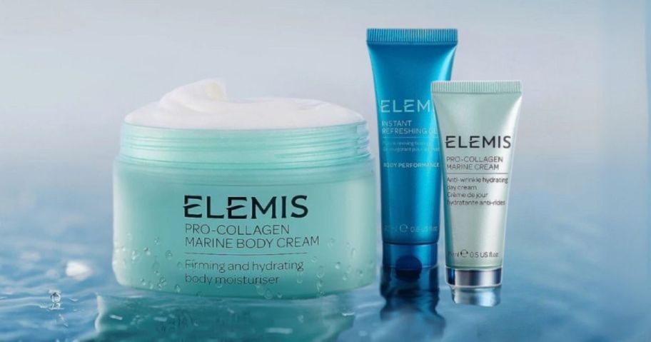 Elemis 3-piece set on wet surface