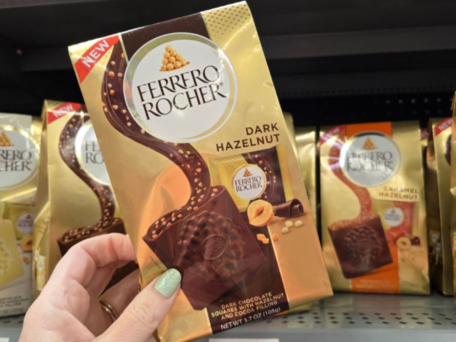 Ferrero Rocher Premium Dark Hazelnut Chocolate Square package in hand in store