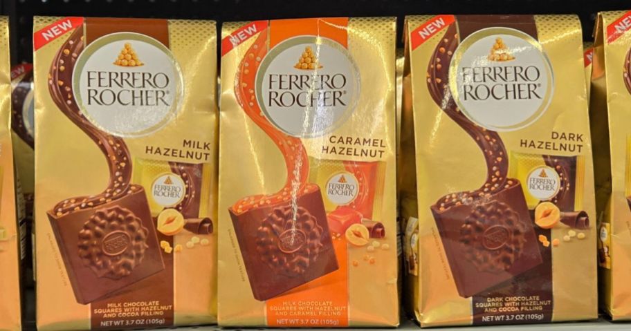 ferrero rocher chocolate square packages on shelf in store