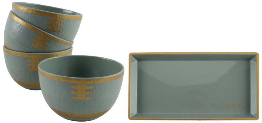 Green football themed kitchenware.