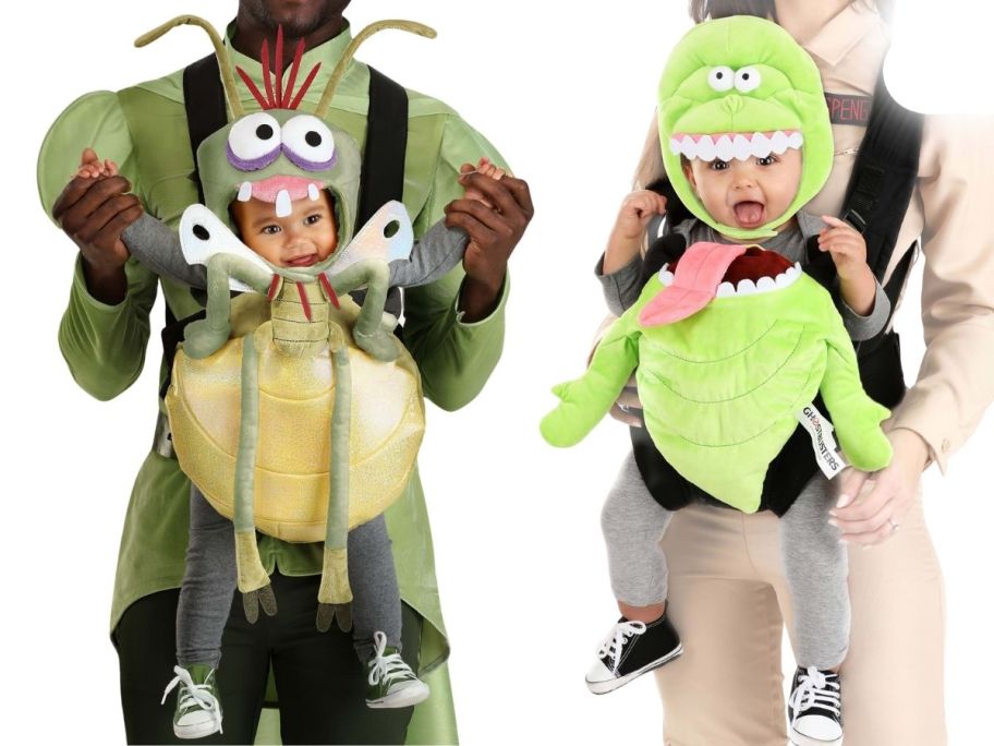 a man with a baby in a frog prince costumes and woman with a baby in a carrier wearing a slimer costume