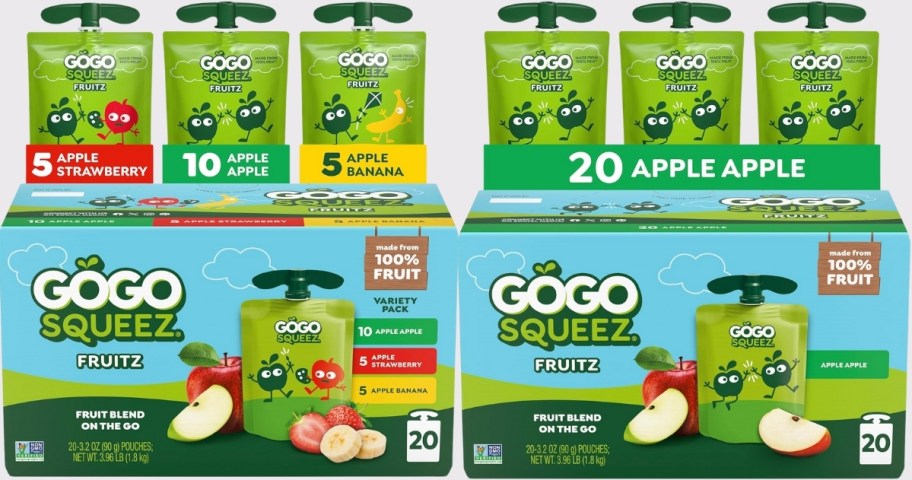 20-count variety pack of gogo squeez apple sauce with a 20-count pack of apple flavored applesauce