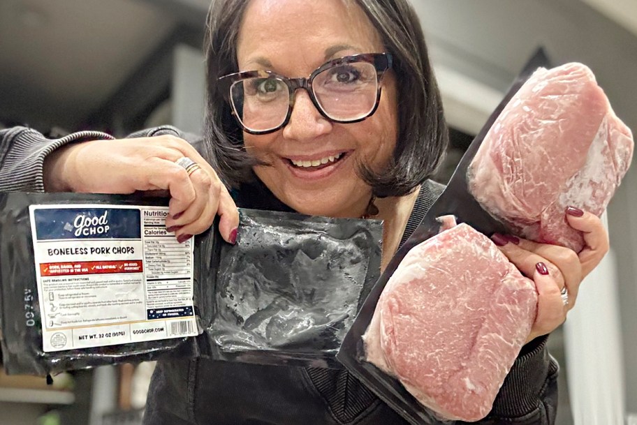 woman holding good chop bagged meat