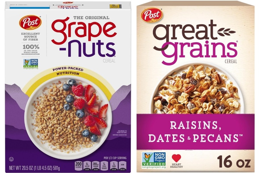 box of grape nuts with a box of great grains
