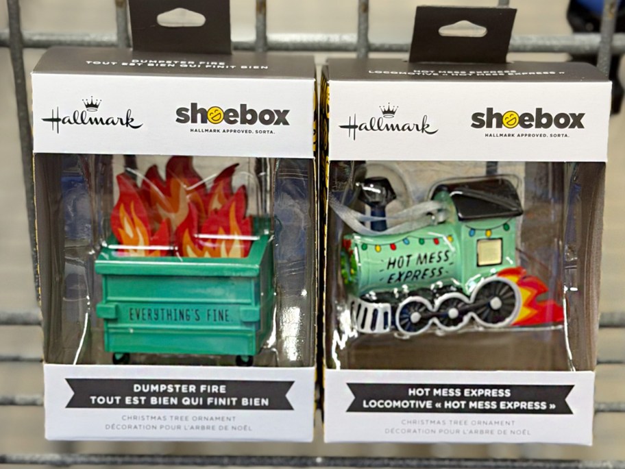 dumpster fire and train ornaments 