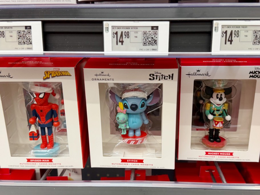 spiderman, stitch, and mickey ornaments 