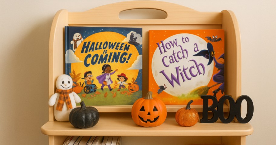 kids halloween books on a shelf