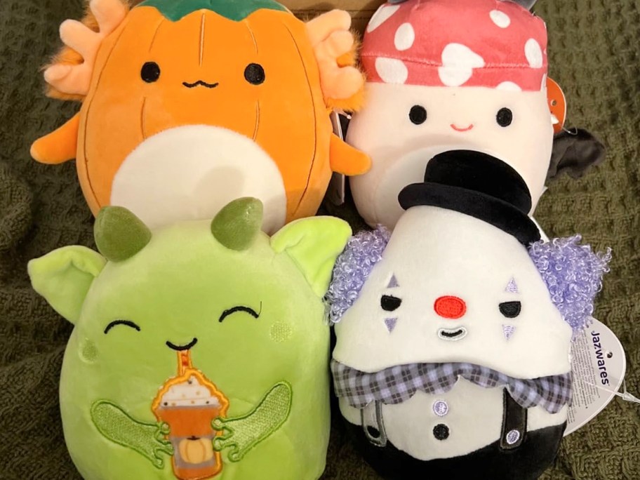 pumpkin, mushroom, goblin and clown halloween plushes