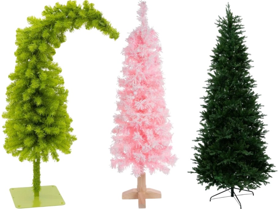 3 artificial christmas trees in 3 different colors and varieties