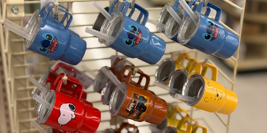 stitch, snoopy, and cars mini tumblers hanging 