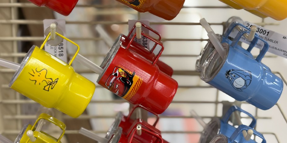 snoopy, cars, and eeyore mini tumblers