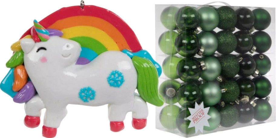a unicorn with rainbow ornament and a 50 count box of plastic christmas ornaments