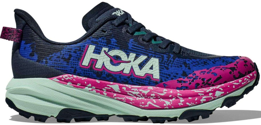purple, pink, and green hoka shoe