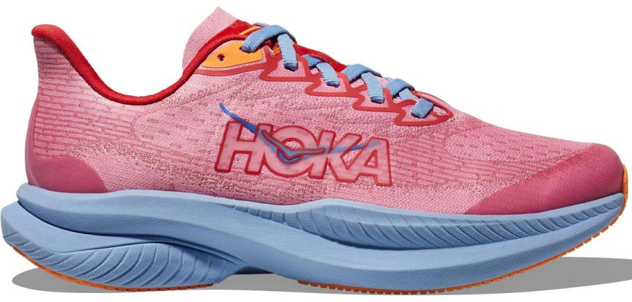 pink and blue hoka shoe