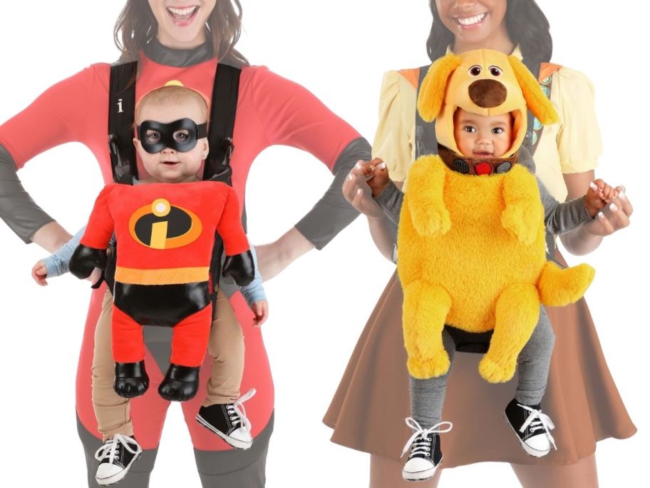 a woman with a baby in a carrier wearing an incredibles costume and a woman with a baby in a carrier wearing a dug from Up costume