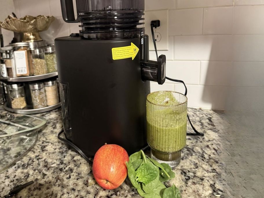 juicer on counter with fruits and veggies next to it