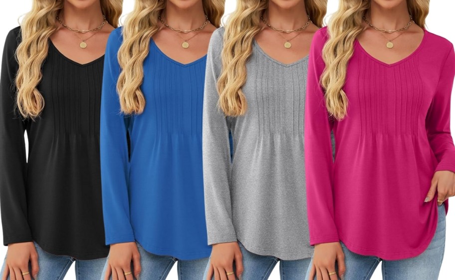 four models in different colors of the same style v neck tunic