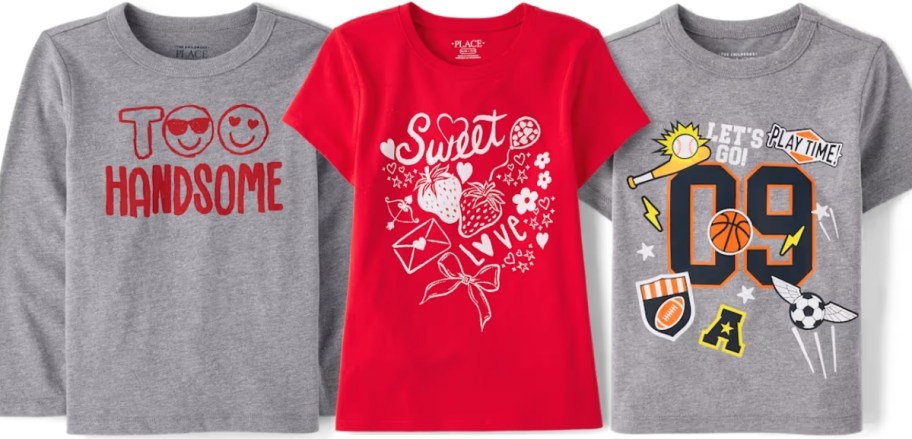 three girls and boys graphic tees in assorted styles