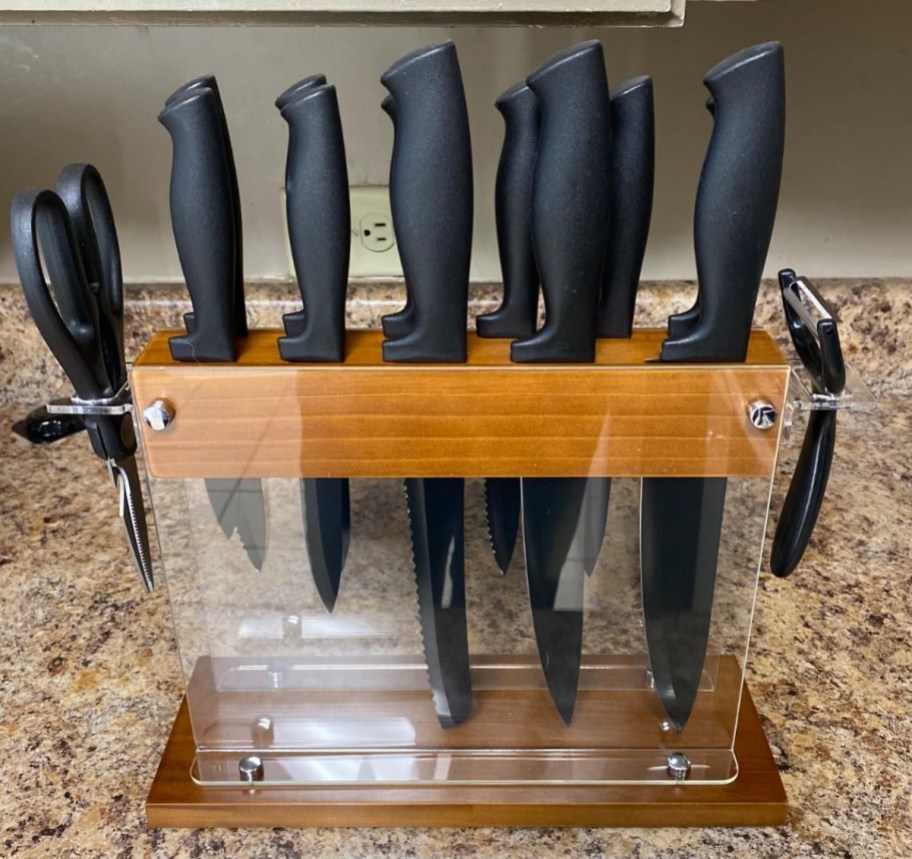 a knife block set on a kitchen countertop