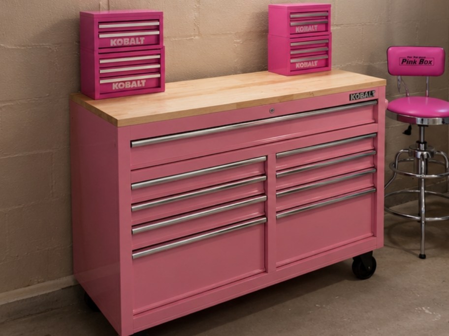 pink tool bench and mini tool boxes