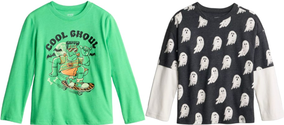 Two Jumping Beans long-sleeve kids' Halloween t-shirts shown side by side, featuring a bright green shirt with a Frankenstein monster skateboarding and the text "COOL GHOUL" on the left and a dark grey shirt with an all-over white ghost pattern and white sleeves on the right.
